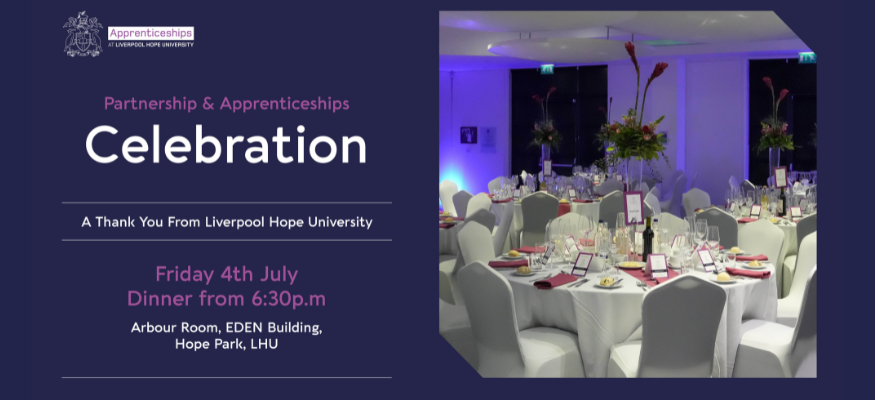 An image of a decorated dinner space with event information on the left.